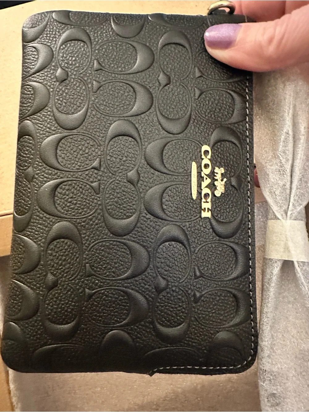 NWT Coach Boxed Corner Zip Wristlet Black Signature Leather Gift Set CF358